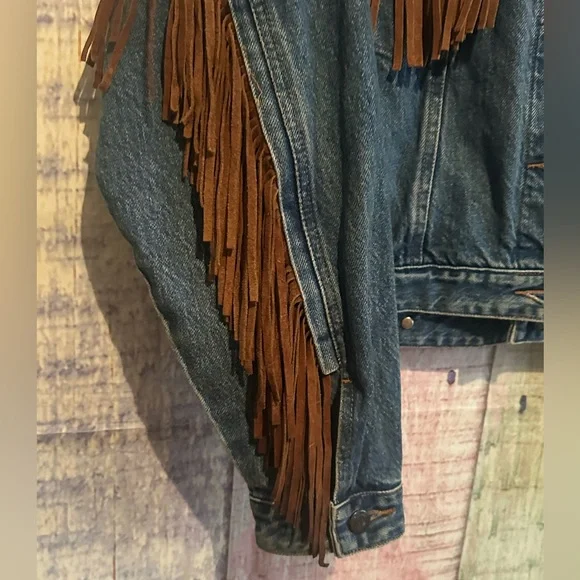 Womens Jean Denim Suede Fringe Western Cowgirl Rodeo Jacket Large Rock n Roll - Picture 6 of 16
